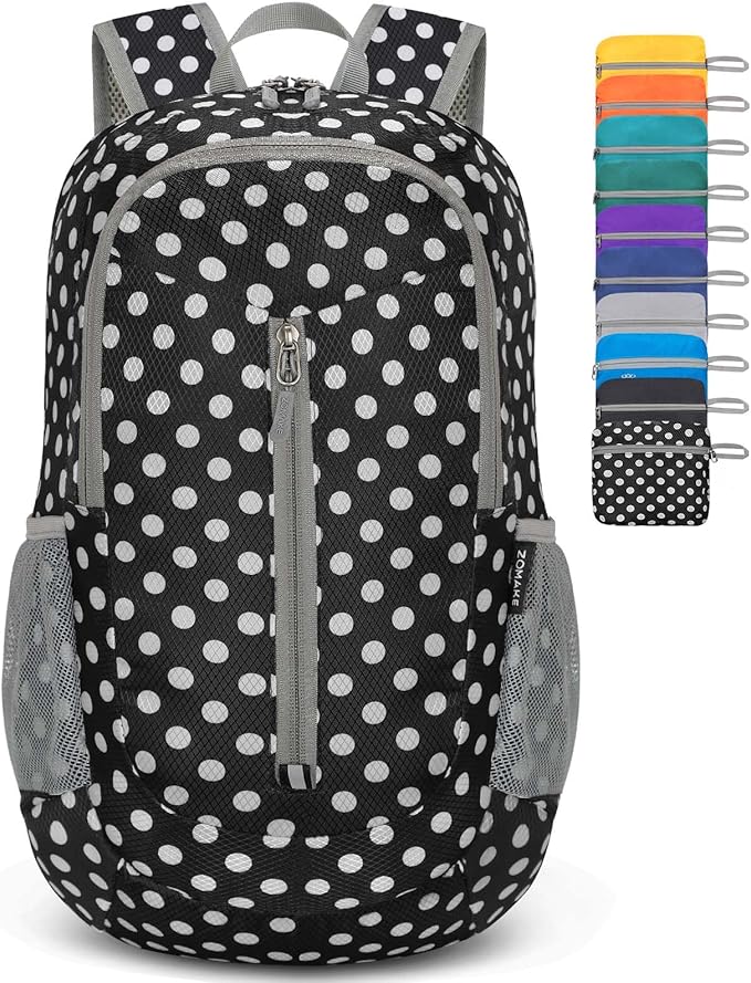 ZOMAKE Ultra Lightweight Packable Backpack 25L - Foldable Hiking Backpacks Water Resistant Small Folding Daypack for Travel(Black,White polka dots)