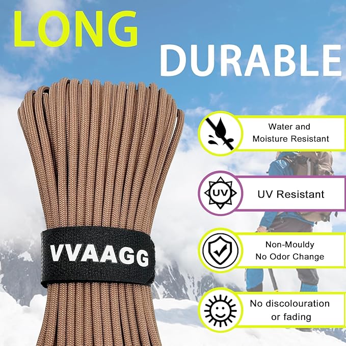 VVAAGG 1000 Tan Paracord100FT Utility Parachute Cord 4mm Nylon String12 Strand Nylon Camping Rope, Tent Rope, Clothsline Rope for Survival & Camping Gear