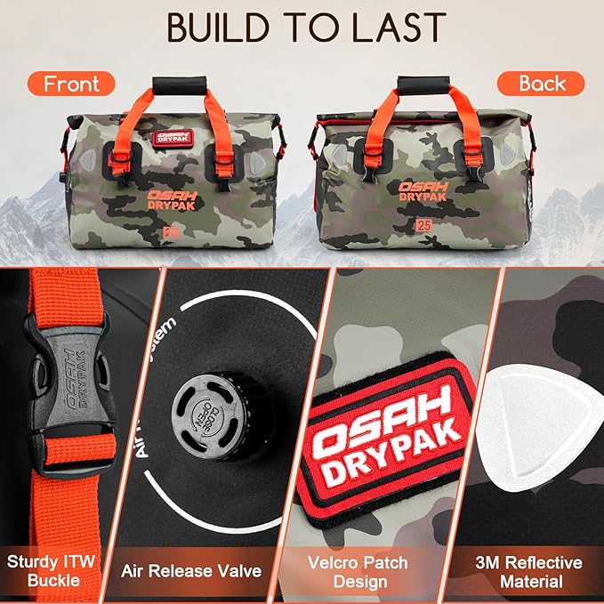 OSAH DRYPAK Waterproof Duffel Bag - Motorcycle Dry Bag Tail Bag with Large Storage Space, Waterproof Luggage Duffle Bags with Outer Mesh Zipper Pocket for Camping, Kayaking, Fishing & Traveling