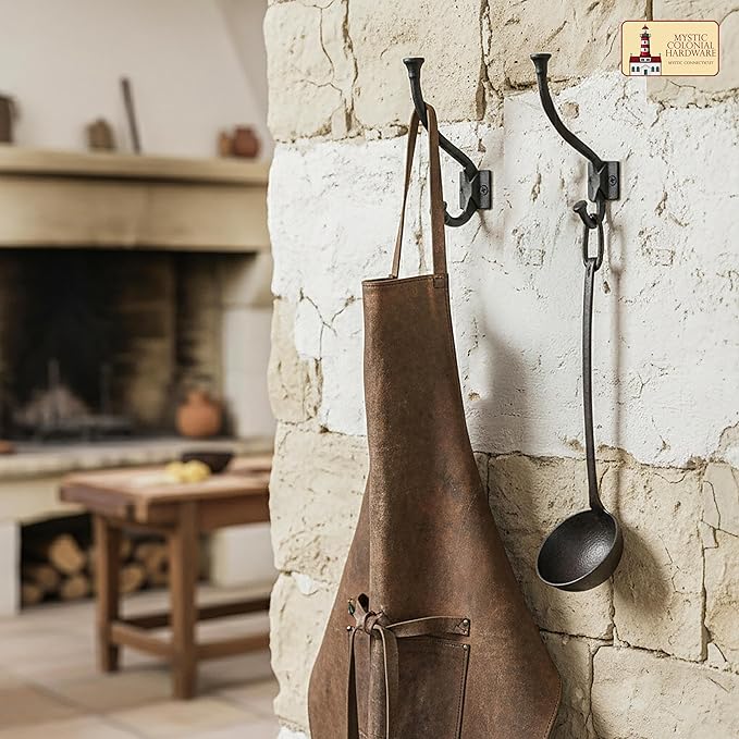 Mystic Colonial Medieval Rustic Cast Iron Wall Hooks (4 in x 3 in) Vintage Black Coated Double Coat & Hat Hook Hangers | Heavy-Duty Farmhouse, Gothic & Modern Decor - Pack of 10