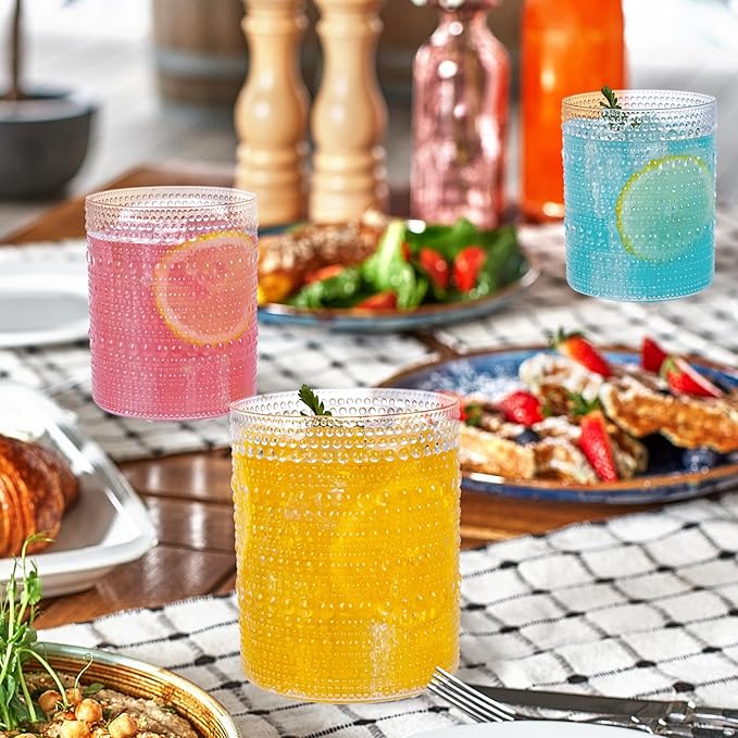 18PCS Plastic Hobnail Drinking Glasses - 14 Oz Clear Vintage Glasses Mixed Drinkware Sets - Disposable Beaded Cups for Beer, Whiskey, Juice, Cocktail, Wine, Party