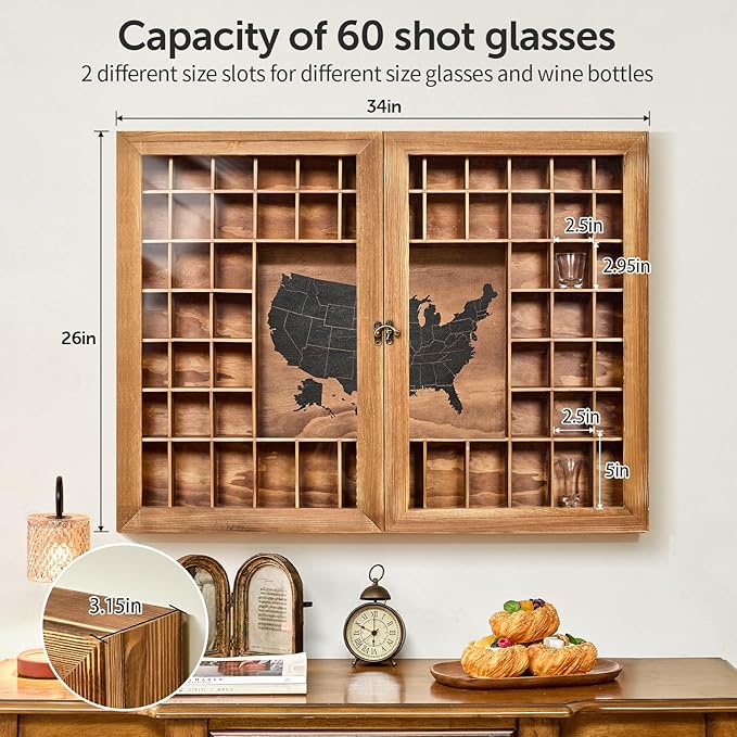 Large Map Shot Glass Display Case 60 Slots with Door, 34 x 26''Rustic Brown Wood Holder for 2 Different Size Shot Glasses (US Map-with Acrylic Glass Door, Pedestal)