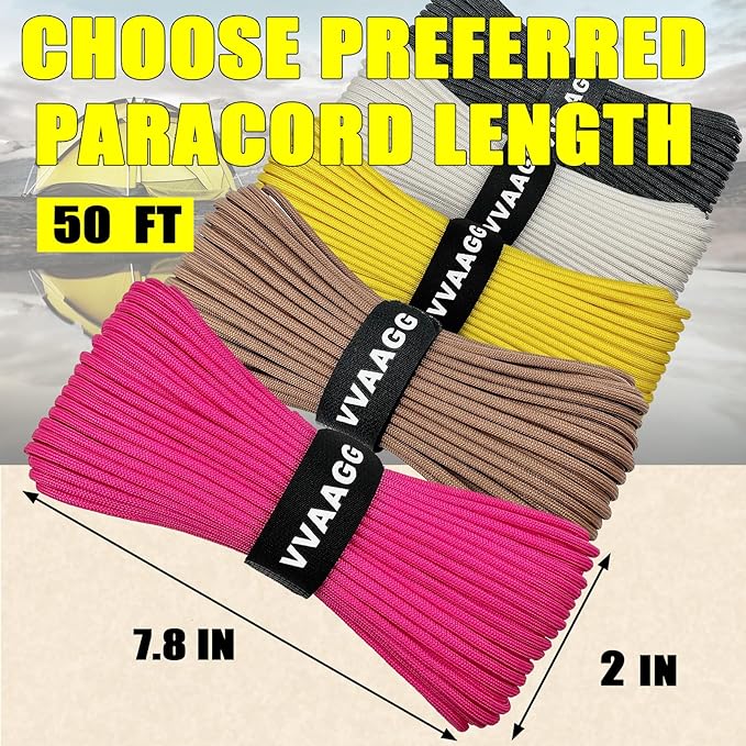 VVAAGG 1000 Paracord Rope, 50ft 12 Strand Parachute Cord for Crafting, DIY Projects, Survival Bracelets,Camping, Tent,Outdoor Hiking, Fishing (Pink, 50FT)