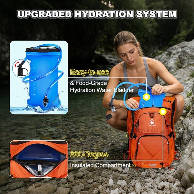 Hydration Backpack 22L, Hiking Backpack with 2L Leakproof Bladder, Sewn-in Rain Cover, Insulated Compartment for Men & Women Running, Cycling, Camping
