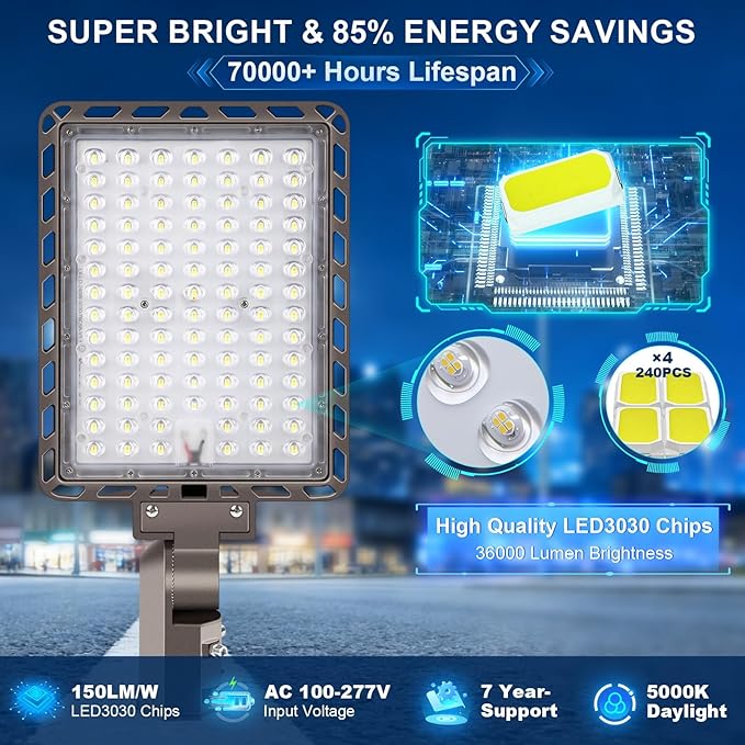 LED Parking Lot Light 240W/200W/180W, 36000LM Parking Lot Lights Outdoor 5 in 1 Dusk to Dawn Photocell IP65 Watereproof 100-277V LED Street Light Commercial for Stadium Barn Yard Lighting