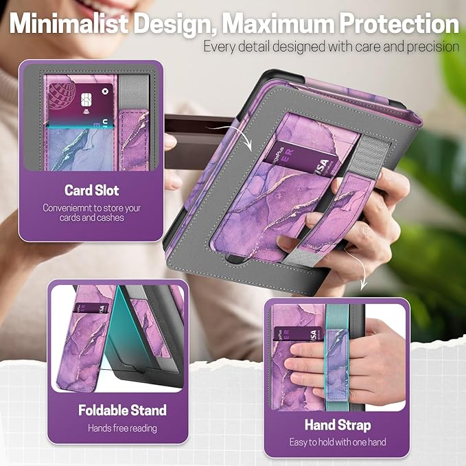 TNP Stand Case with Strap for Kindle Paperwhite 12th Gen 2024 / Kindle Colorsoft Signature Edition - 7" PU Leather Protective Folio Cover with Auto Wake/Sleep & Card Slot, Marble Purple