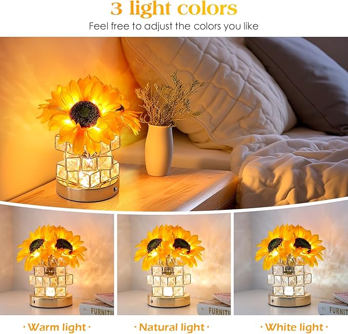 AMWGIMI Sunflowers Flower Lamp,Rechargeable Cordless Touch Table Lamp,3-Colour Infinitely Dimming Small Night Light,Festival Restaurant Bedroom Bar Coffee Shop Birthday Gifts for Women Mom