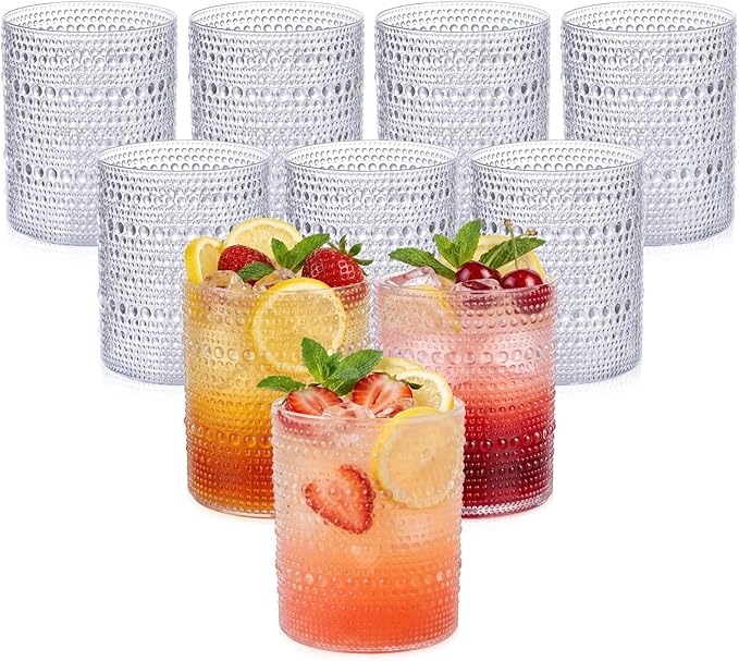 YOUBET 24PCS Plastic Hobnail Drinking Glasses - 14 Oz Clear Vintage Glasses Drinkware - Disposable Beaded Cups for Juice, Wine, Party
