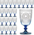 XUWAIDSGN 24Pcs Plastic Vintage Wine Glasses 13.5oz Reusable Embossed Goblet Glasses Blue Gradient Retro Wine Glassware Unbreakable Stemmed Champagne Water Cups for Wine Cocktail Juice Wedding