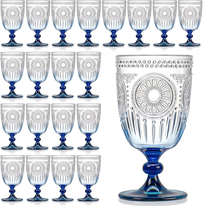XUWAIDSGN 24Pcs Plastic Vintage Wine Glasses 13.5oz Reusable Embossed Goblet Glasses Blue Gradient Retro Wine Glassware Unbreakable Stemmed Champagne Water Cups for Wine Cocktail Juice Wedding
