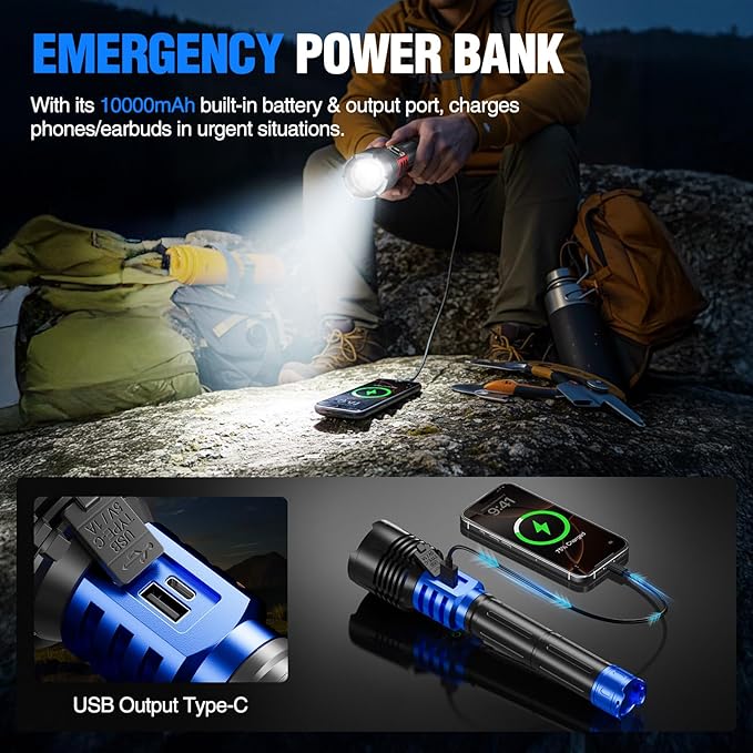 WdtPro Rechargeable LED Flashlights High Lumens, Super Bright 90000LM Rechargeable Flashlight with LCD Display, 5 Modes & Waterproof Powerful 10000mAh Handheld Flashlight for Camping Emergency Blue