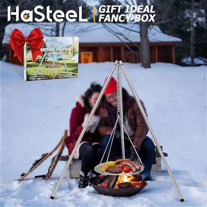 Stainless Steel Campfire Tripod for Cooking, HaSteeL Camping Tripod Grill with 17” Folding Grate, Heavy Duty Openfire Stand Hanger for Outdoors Beach Firepit BBQ, Detachable Handle, Adjustable Height