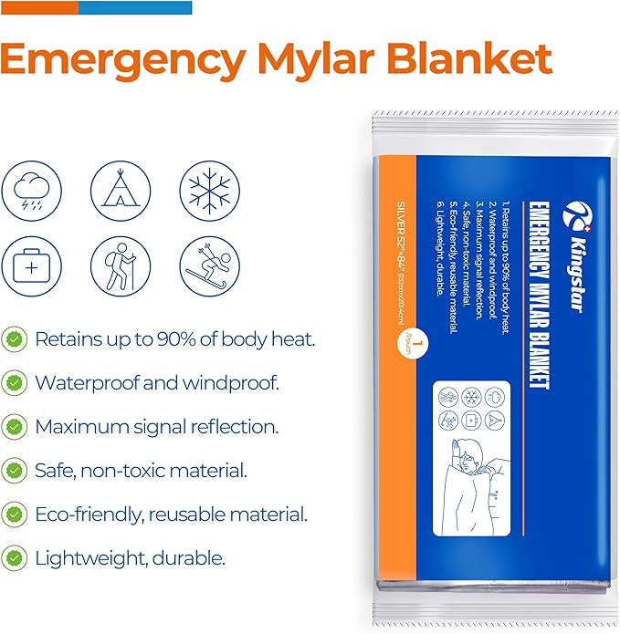 K Kingstar Emergency Blanket 75 Pack, 84" L x 52" W, Bulk Supply for Homeless Outreach, Mylar Blankets Retain 90% Body Heat, Perfect for Building Winter Survival Kits & Community Care Packages