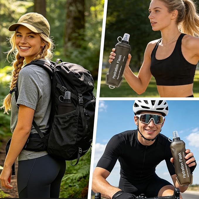 2Pcs 500ml Soft Flask, TPU Collapsible Soft Water Bottle for Hydration Pack, Running Vest, Leak-Proof Folding Water Bottle for Hiking Cycling Climbing Jogging- Grey