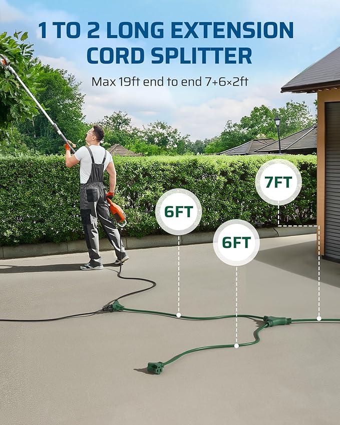 DEWENWILS Outdoor Extension Cord 1 to 3 Splitter, 19FT Total Length, 4 Grounded Outlets, Waterproof 16AWG SJTW Power Cord for Light, Holiday Decoration, 13A/125/1625W, Green, ETL Listed