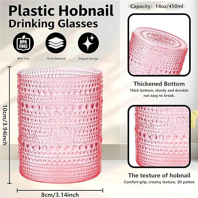 YOUBET 24PCS Plastic Drinking Glasses - 14OZ Pink Hobnail Drinkware Glasses - Vintage Glassware Textured Beaded Cups for Water, Beer, Whiskey, Juice and Various Mixed Drinks Mothers Day