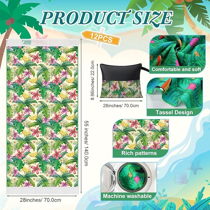 Peryiter 24 Pack Microfiber Oversize Turkish Beach Towel Set 12 Large Absorbent Beach Towels with 12 Storage Bag 28 x 55 Quick Dry Lightweight Bath Towel Blanket for Hawaii Camp Swim Pool(Palm Leaves)