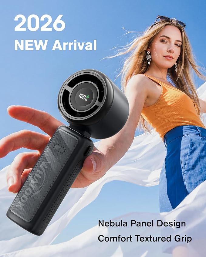 WHATOOK Portable Personal Handheld Fan: High Speed Cooling Fan, 12 Hours Battery Life, USB Rechargeable, Small Essentials for Women Cruise Travel, Beach Vacation (Black)