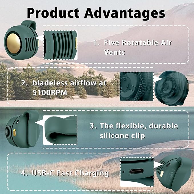 Portable Clip-On Fan, Mini USB Rechargeable 360° Rotatable Fan, 3-Speed Silent Mini Bladeless Fans