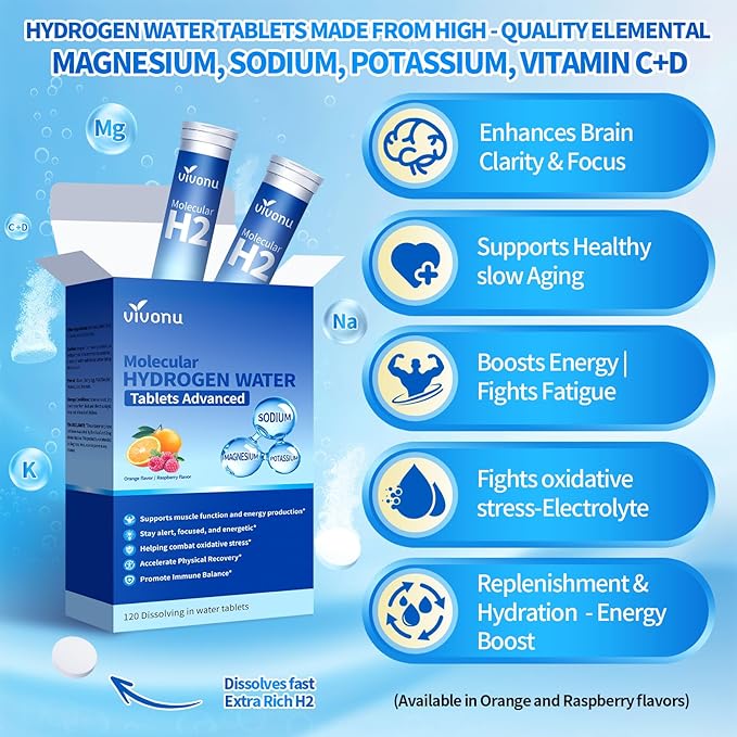 VivoNu Hydrogen Water Tablets with Electrolytes & Magnesium Complex, Vitamin C & D | 2 Flavors Pack (Orange & Raspberry) | Zero Sugar Electrolyte Powder Alternative for Rapid Hydration & Recovery