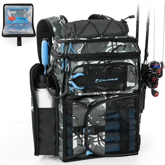 Calamus GearMaster Tackle Backpack with Bait Binder, Large Lightweight Water-Resistant Fishing Bag, Rod Holders, Food Storage