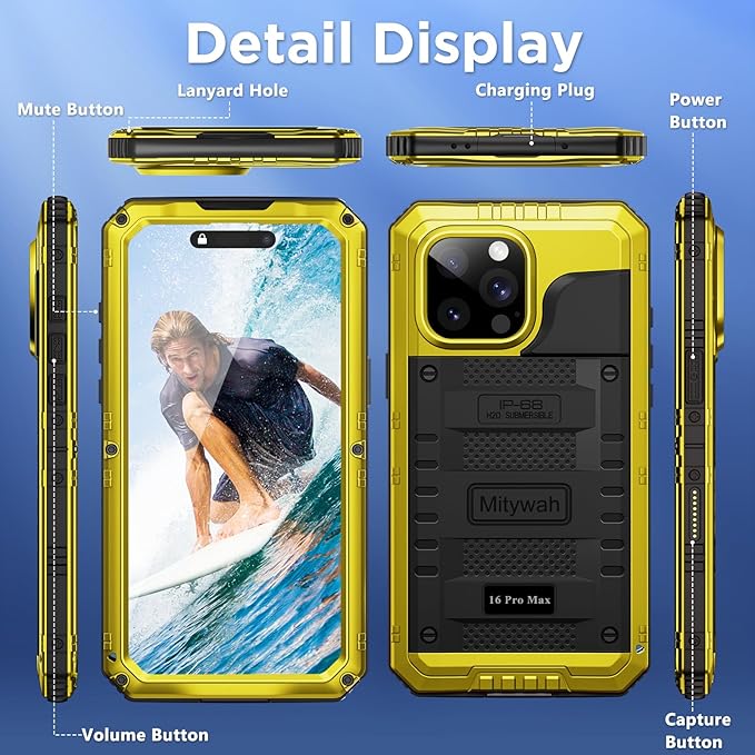 Mitywah Waterproof Case for iPhone 16 Pro Max, Heavy Duty Metal Cover with Built-in Screen Protector, Military Grade Full Body Shockproof Rugged Protective Phone Case 6.9 inch, Yellow