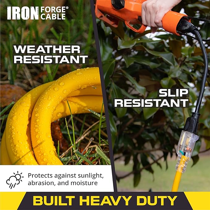 Iron Forge Cable 50ft Yellow Outdoor Extension Cord with 3 Outlets - 14/3 SJTW 15 Amp 50ft Extension Cord 3 Prong - Multiple Outlets with Lighted End