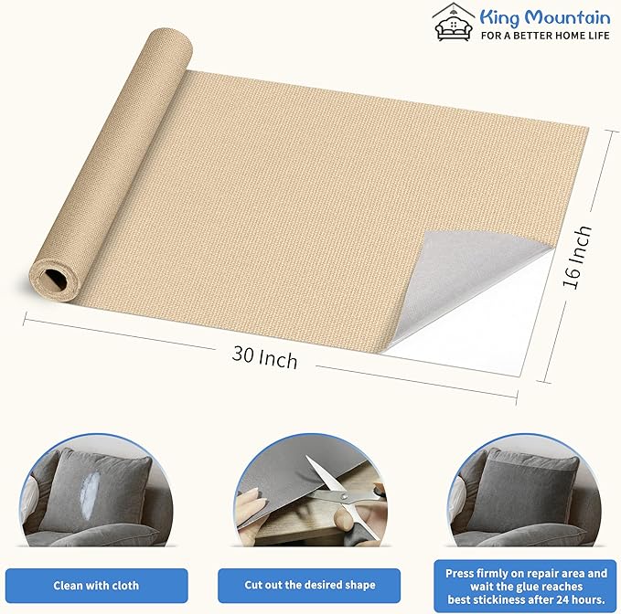 KING MOUNTAIN Canvas Repair Patch 16×30 Inch Self-Adhesive Waterproof Fabric Patch for Sofas, Tents, Furniture,Tote Bags, Car Seats (Khaki)