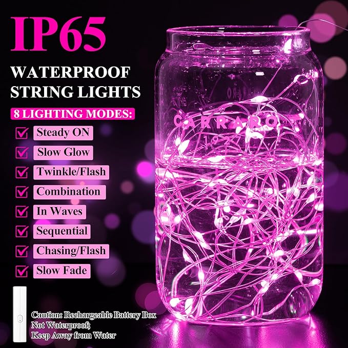 Lakumu Rechargeable String Lights Battery Operated, Battery Powered Copper Wire Fairy Lights with Timer, Mini LED Twinkle Lights for Bedroom, Christmas, Wedding, Centerpiece Table Decor (5M/16FT Pink)