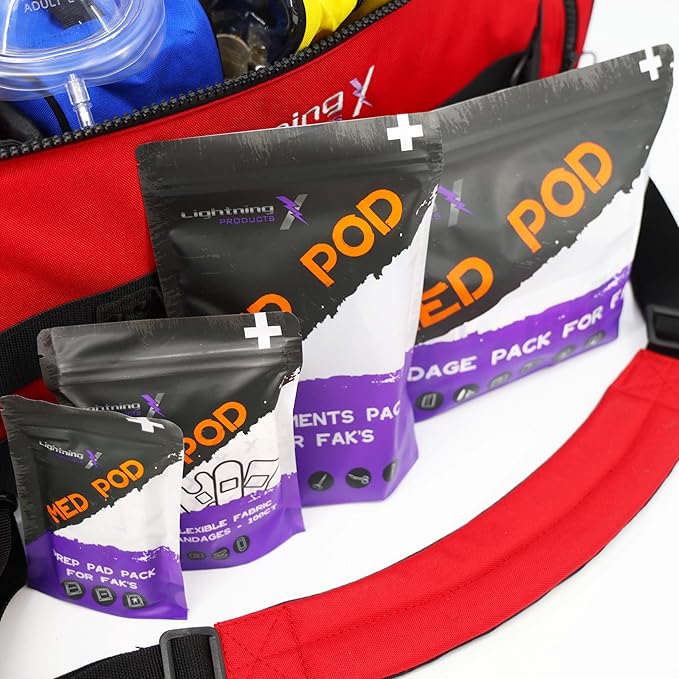 Lightning X Fully Stocked X-Tuff Modular Oxygen Trauma Bag w/Removable Organizer Pouches for EMS/EMT + First Responder - Red