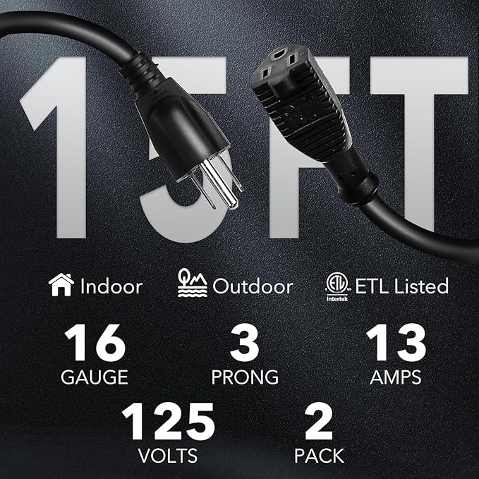 BN-LINK 15ft Indoor Outdoor Extension Cord 16/3 SJTW, 2 Pack, 3-Prong, Weather Resistant & Flame Retardant, Grounded Power Cord for General Use, ETL Listed