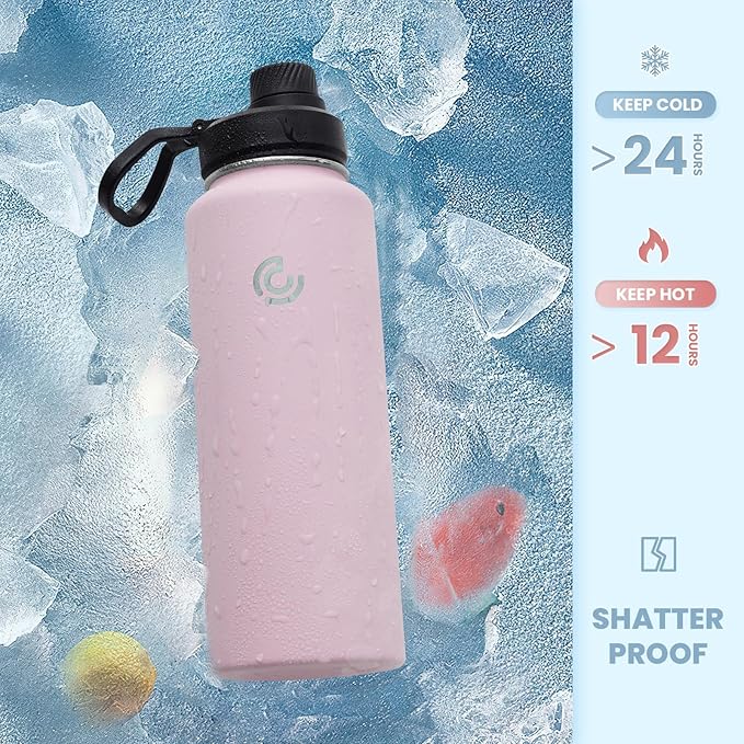Sports Water Bottle 40oz, Insulated Water Bottle with Handle,Stainless Steel,Simple Modern,Suitable for Travel, School, Boy, Girl(Blush)