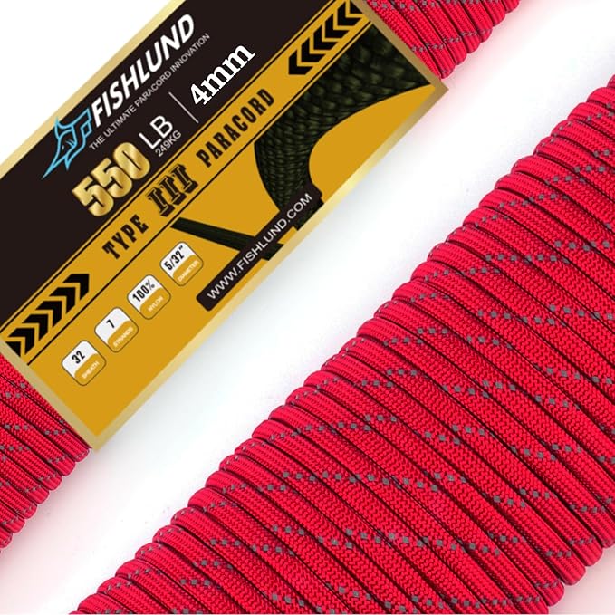 Reflective Paracord 550 lb, 7 Strand Paracord Rope 250ft 4mm, Nylon Parachute Cord for Camping, Imperial Red