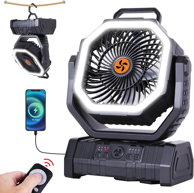 𝟐𝟎𝟎𝟎𝟎𝐦𝐀𝐡 Rechargeable Fan Portable,𝟏𝟑𝐈𝐧Battery Powered Camping Fan with Light,Workup 𝟔𝟎𝐇 & 𝟖𝐇 Timer & Remote,Auto Oscillation Battery Operated Fans Portable for Camping - Hanging Hook