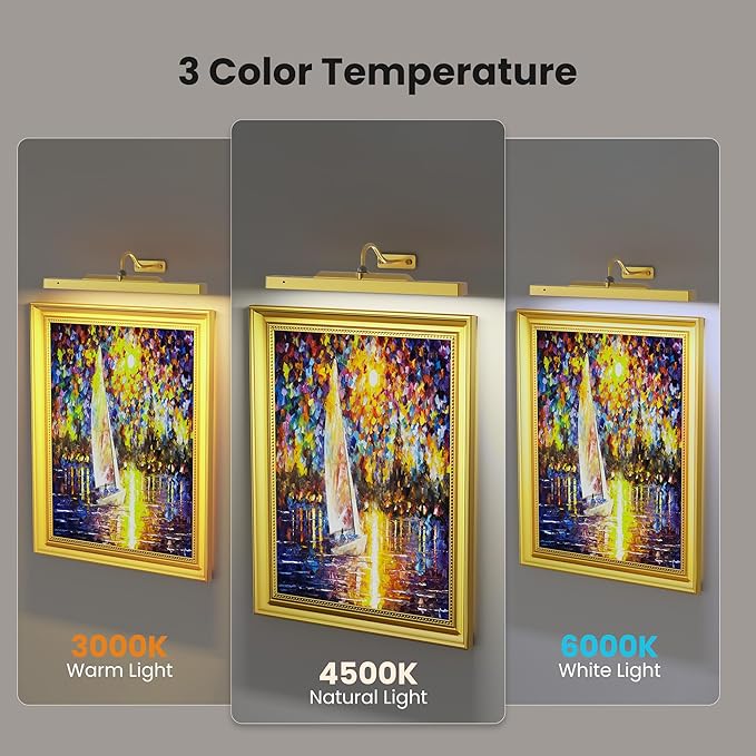 Picture Light 3Pack- 16in Picture Lights for Wall, 5000mAh Wireless Rechargeable Battery Picture Lights, Wall Light, Art Display Light for Gallery Artwork, Paintings, Portraits, Dartboards- Gold