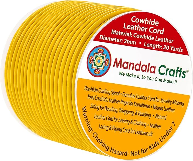 Mandala Crafts Round Genuine Mustard Yellow Leather Cord for Jewelry Making – 2mm Cowhide Leather Rope String Lace for Kumihimo – 20 Yards Cowhide Craft Cording Spool