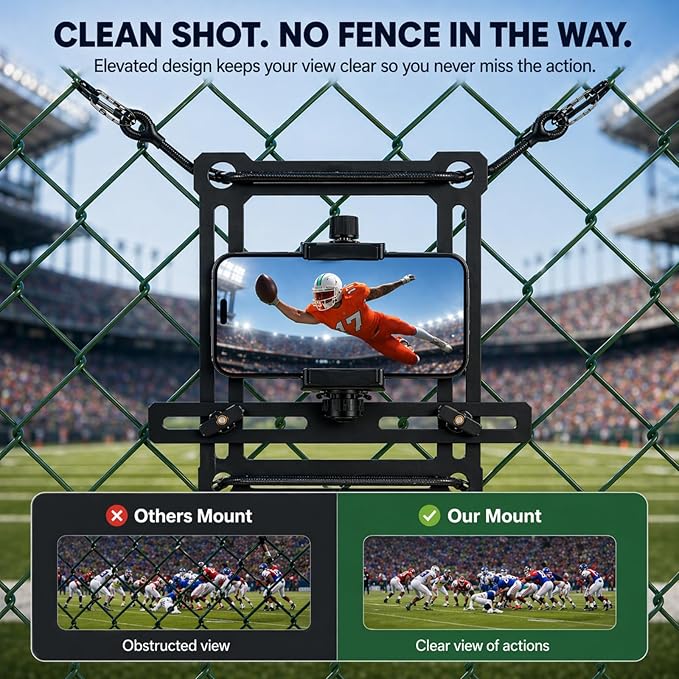 Fence Phone Mount for Baseball Games, Compatible with iPhone, GoPro, Mevo Start, and Cameras, Flexible, Durable, Ideal for Baseball, Softball, and Football Recording