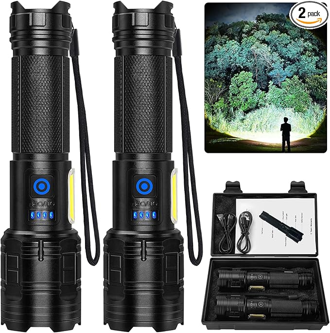 Flashlight Rechargeable 99,000 High Lumen - 2 Pack LED Flash Light with COB, 7 Modes Powerful Handheld Flashlight for Home, Camping