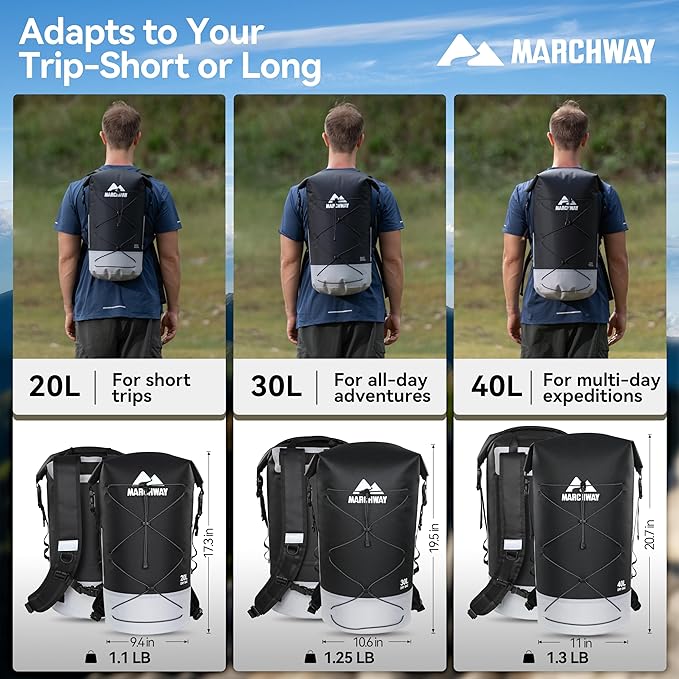 MARCHWAY Floating Roll Top Dry Bag, Flexible Lightweight TPU Waterproof Backpack 20L/30L/40L with Padded Straps for Boating, Kayaking, Swimming, Hiking, Beach (Black, 40L)