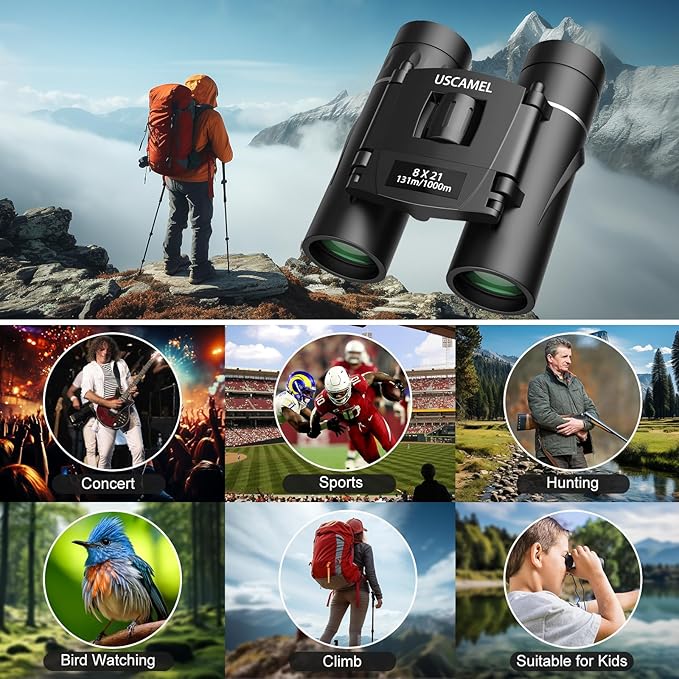 USCAMEL Binoculars for Adults and Kids 8×21 High Powered Compact Binoculars BAK4 Prism Easy Focus - for Bird Watching, Outdoor Use, Hunting, Travel (Black)