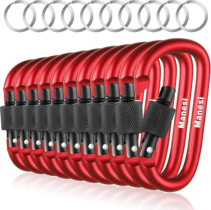 10 Pack Aluminum D Ring Key Rings Clips Locking Carabiner for Camping Fishing and Outdoor Use，Clips with Screw Gate Multicolored
