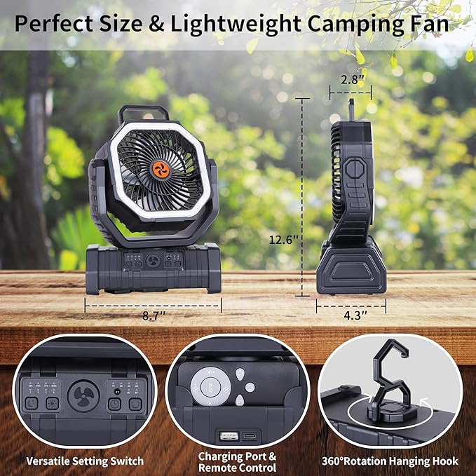 𝟐𝟎𝟎𝟎𝟎𝐦𝐀𝐡 Rechargeable Fan Portable,𝟏𝟑𝐈𝐧Battery Powered Camping Fan with Light,Workup 𝟔𝟎𝐇 & 𝟖𝐇 Timer & Remote,Auto Oscillation Battery Operated Fans Portable for Camping - Hanging Hook