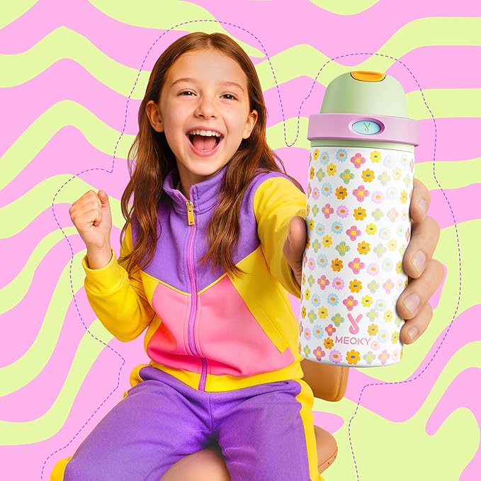 18 oz Kids Water Bottle for School: Meoky 18 oz Stainless Steel Insulated Water Bottle with 2-in-1 Straw and Spout Lid - Leak Proof, Fits in Car Cup Holder, BPA-Free for Teen Girls, Rainbow Blooms