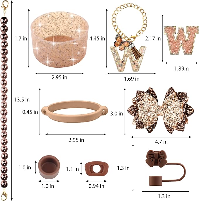9PCS Brown for Stanley Cup Accessories Set Bling Initials Bow Charms for Stanley Decorations 30/40 Oz Tumbler Accessories Including Bow Straw Topper, Handle Strap, Spill Stopper（Letter W）