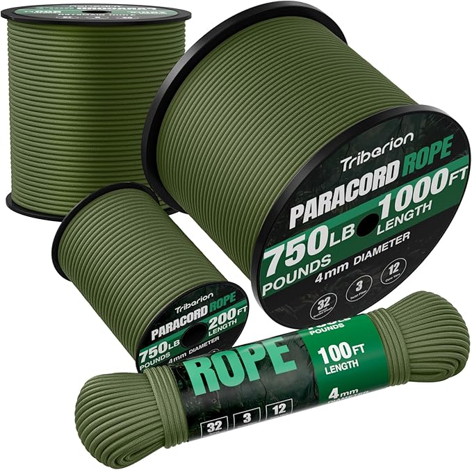 Paracord Rope 750 lb - 50ft 5/32" Parachute Cord 4MM 12-Strand para Cord - Heavy Duty Spool String for Survival,Camping Gear, Survival Bracelet, Clothesline - Army Green