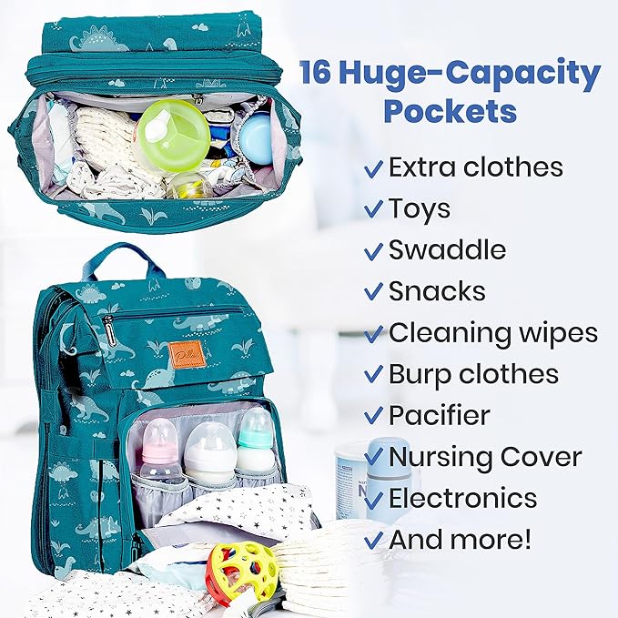 PILLANI Baby Diaper Bag Backpack - Large Waterproof Travel Diaper Bag for Boys & Girls, 16 Organizer Pockets with Changing Pad, Insulated Bottle Pockets & Stroller Straps, Baby Shower Gifts, Dinosaur
