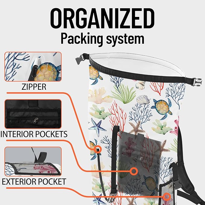 Waterproof Dry Bag Heavy Duty Marine Dry Bags for Kayaking Hiking Sea Turtle Coral Nautical Starfish Backpack Roll-Top Closure Bag - Backpack Waterproof Phone Case 35L/55L/85L