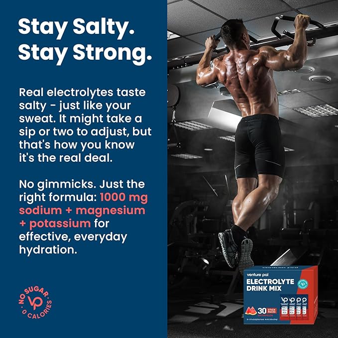 Venture Pal High Sodium Sugar Free Electrolytes Powder Packet - Hydration Packets with Vitamin, Sodium & Potassium | Zero Calories | Vegan, Keto & Paleo Friendly Electrolyte Drink Mix - 30 Sticks