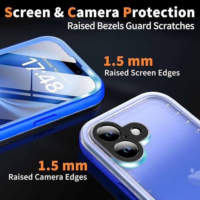 Cozycase for iPhone 16 Case Waterproof - 360 Heavy Duty with Screen/Camera Protector Shockproof IP68 Underwater Dustproof Water Dust Shock Proof Full Body/Front and Back Case Blue/Frosted Clear