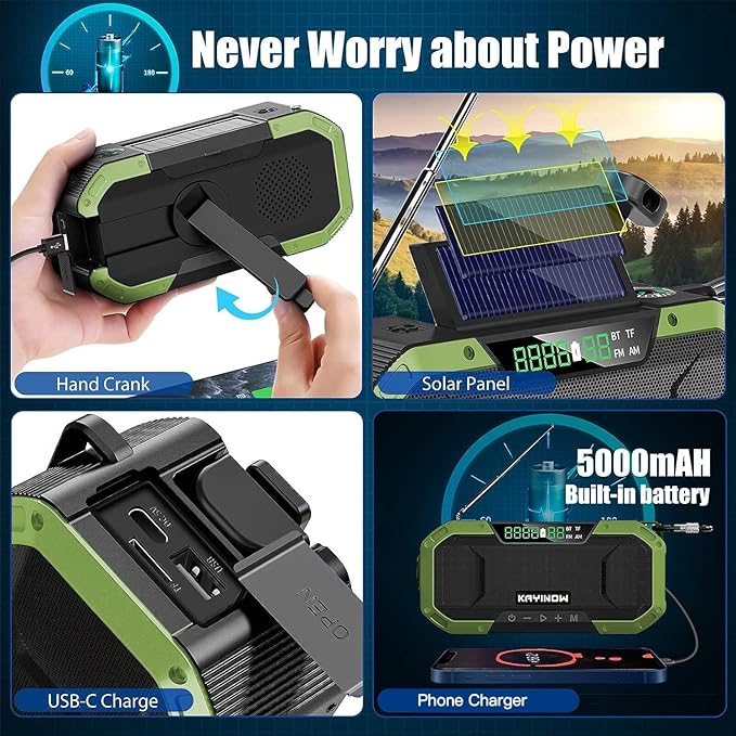 Hand Crank Solar Power Emergency Radio with Waterproof Bluetooth Speaker,Portable AM FM NOAA Weather Radio,5000mAh/18500mWh Rechargeable, Phone Charger,Flashlight,SOS,Survival Storm Camping